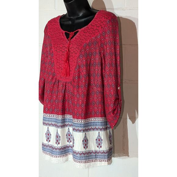 Vintage American Blues Red Bohemian Tunic Top Tassels 3/4 Sleeves Blouse Small - Picture 2 of 5